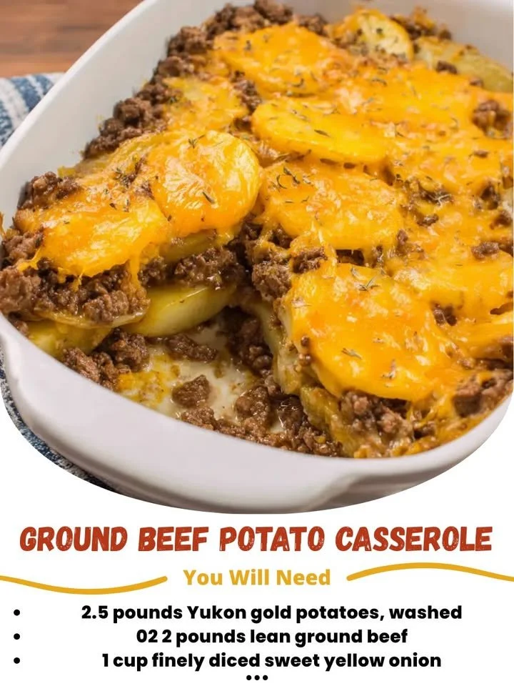 Baked Ground Beef Potato Casserole topped with melted cheese