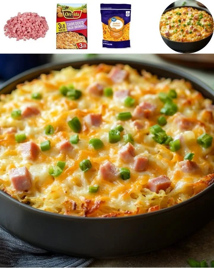 Ham and Cheese Hashbrown Casserole with golden brown crust and melting cheese