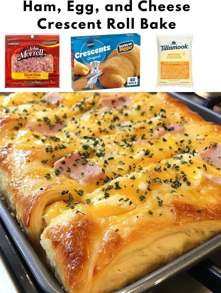 Ham, Egg, and Cheese Crescent Roll Bake in a baking dish ready to serve