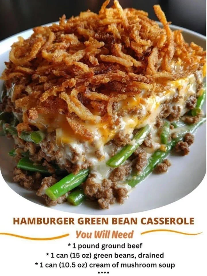 Delicious Hamburger Green Bean Casserole served in a baking dish