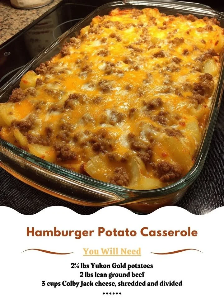Delicious Hamburger Potato Casserole in a baking dish, garnished with herbs.