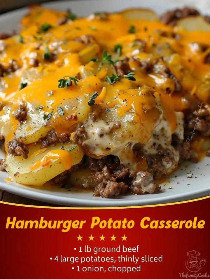 Delicious Hamburger Potato Casserole served in a dish with melted cheese and herbs.