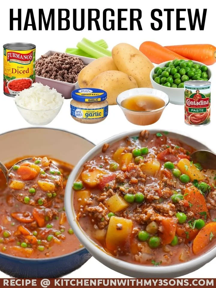 A bowl of delicious Hamburger Stew filled with ground beef and vegetables