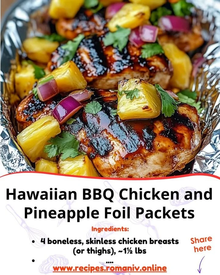 Hawaiian BBQ Chicken with pineapple in foil packets ready for grilling