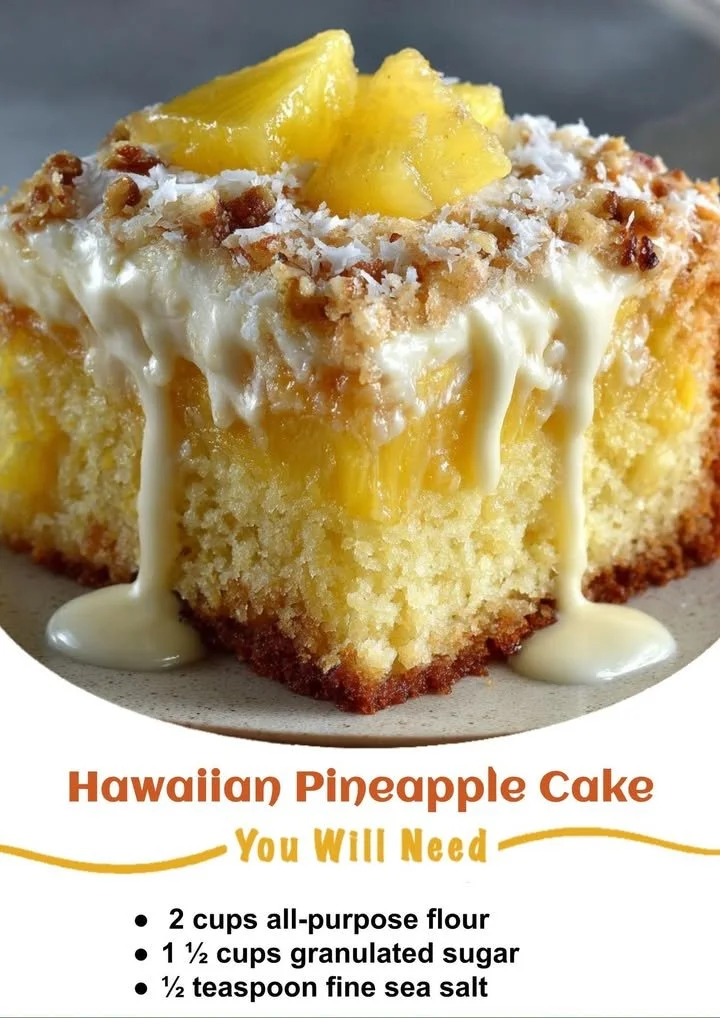 Delicious Hawaiian Pineapple Cake garnished with fresh pineapple slices.