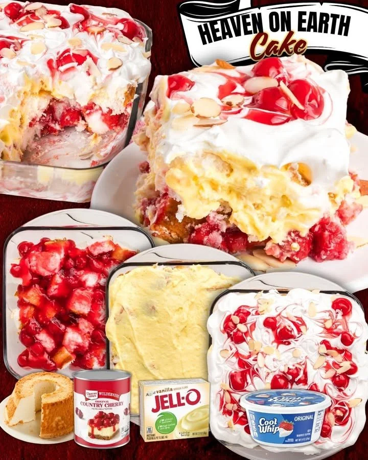 Slice of Heaven on Earth Cake with layers of cream and fruit topping
