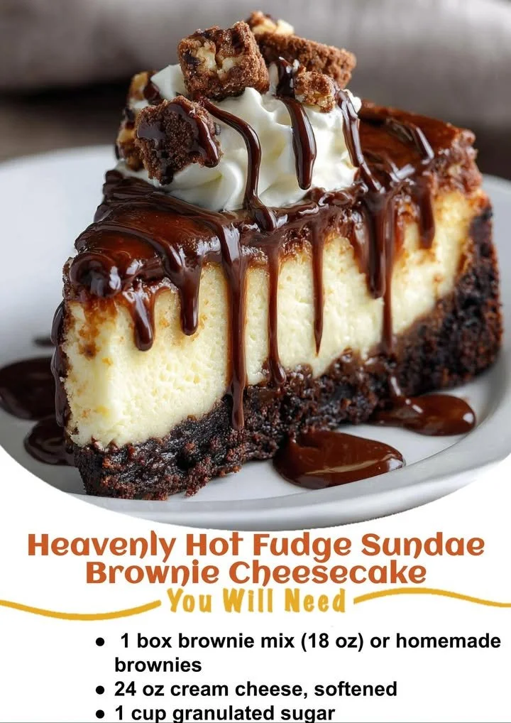 Heavenly Hot Fudge Sundae Brownie Cheesecake dessert topped with fudge sauce.