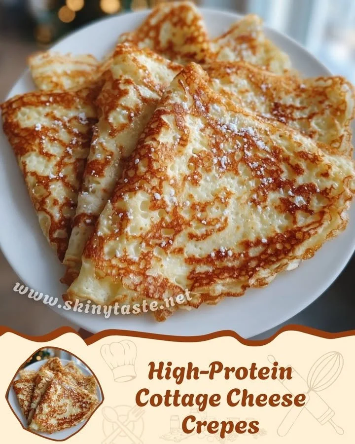High-protein cottage cheese crepes served with fresh fruit and drizzled honey.