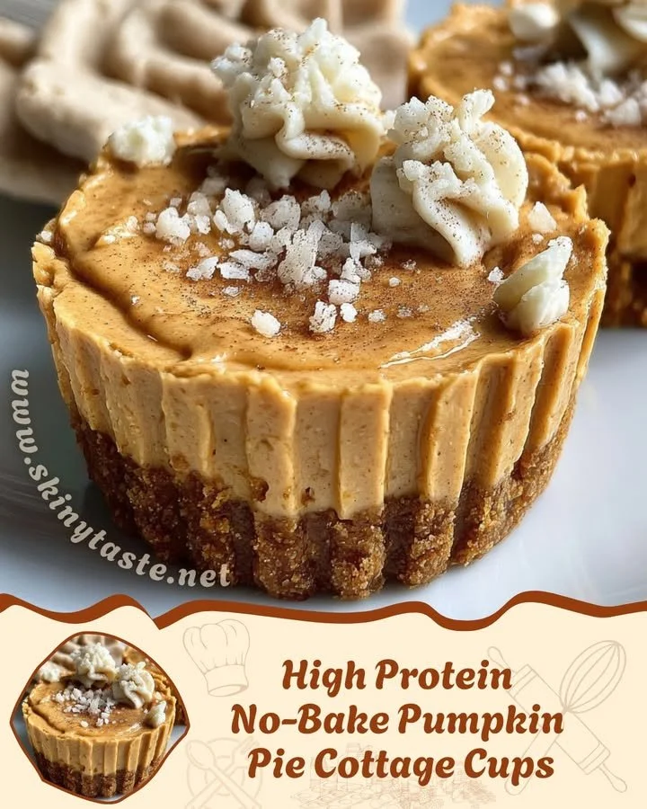 High protein no-bake pumpkin pie cottage cups topped with whipped cream