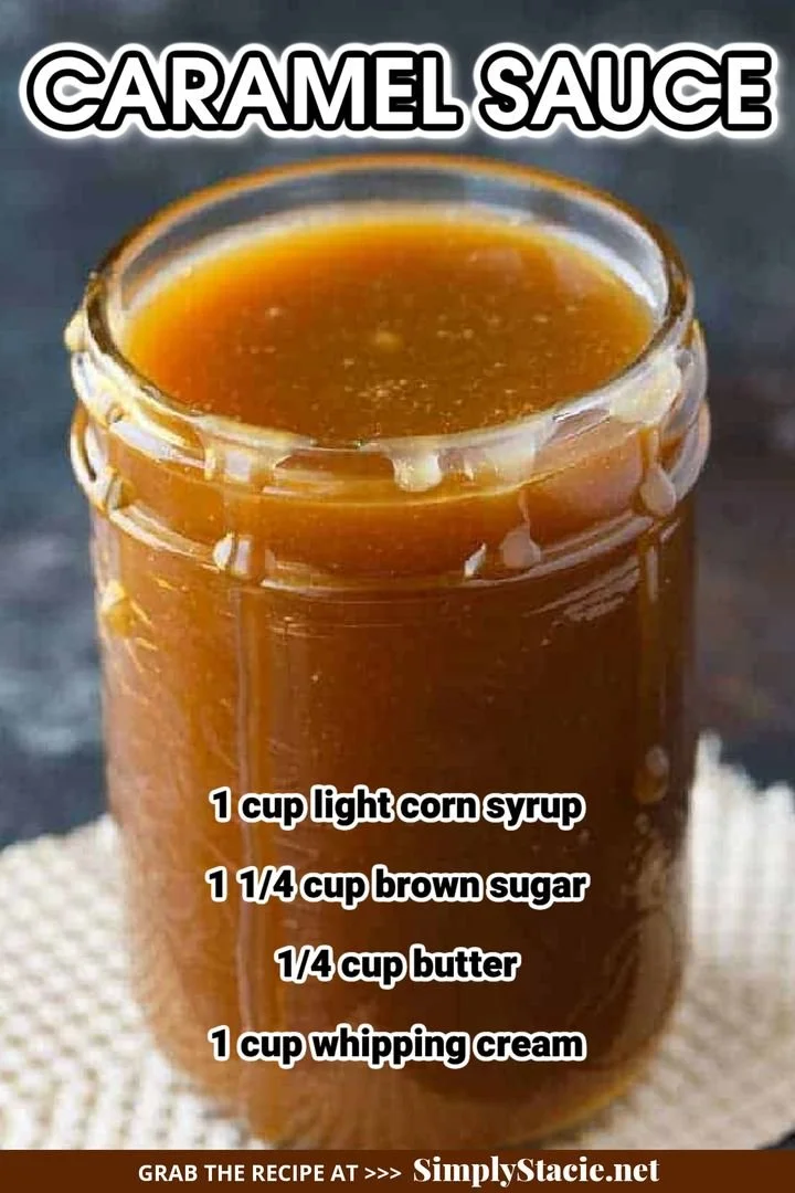 A jar of homemade caramel sauce drizzled on desserts