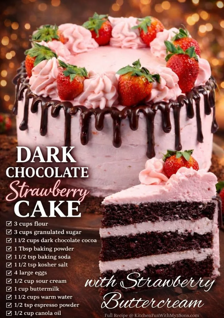 Homemade dark chocolate cake topped with strawberry buttercream frosting