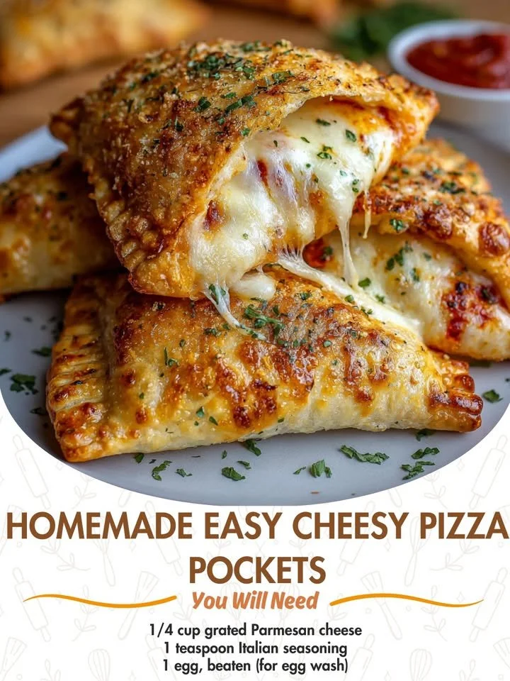 Delicious homemade easy cheesy pizza pockets filled with gooey cheese and marinara