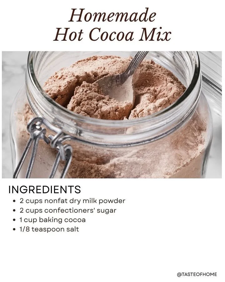 Homemade hot cocoa mix ingredients and finished drink in a cozy mug.