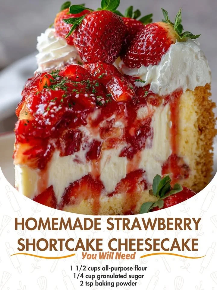 Delicious homemade strawberry shortcake cheesecake decorated with fresh strawberries