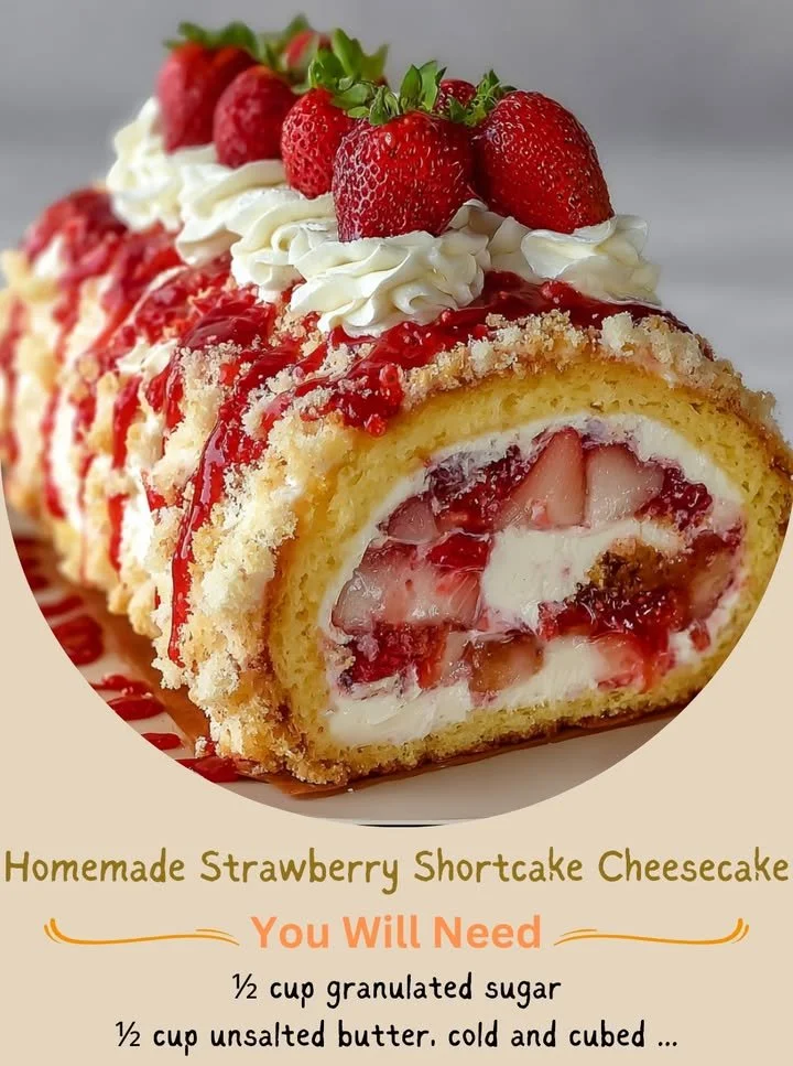 Slice of homemade strawberry shortcake cheesecake with fresh strawberries on top.