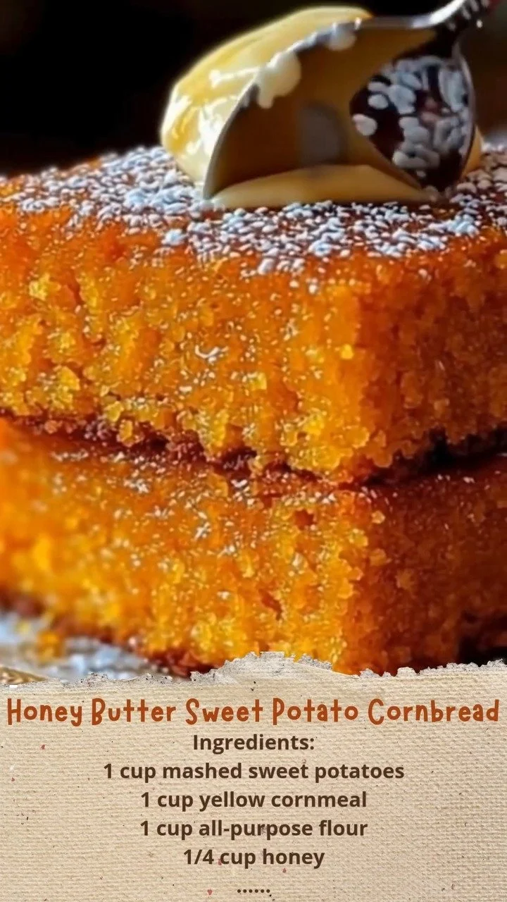 Baked honey butter sweet potato cornbread served on a plate with butter