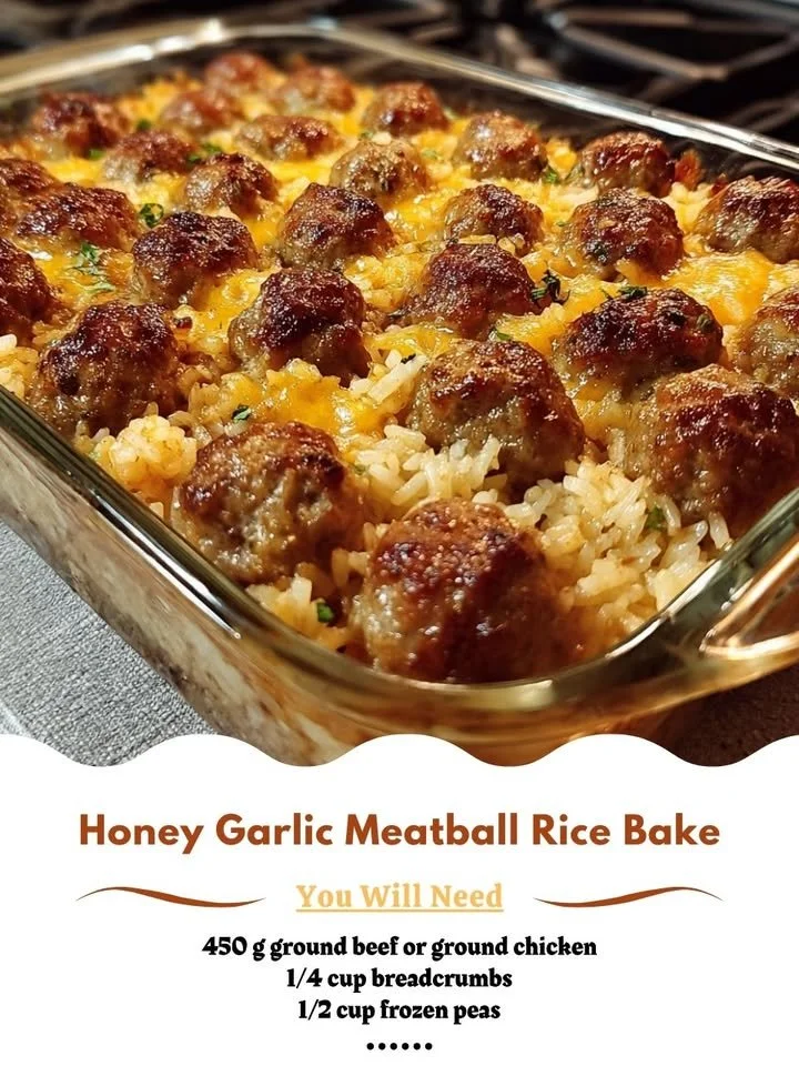 Honey Garlic Meatball Rice Bake dish served hot in a casserole dish