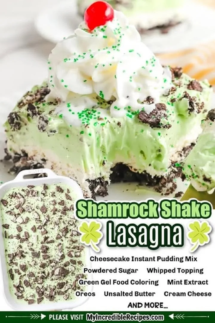 Layered Shamrock Dessert Lasagna with green frosting and chocolate drizzle