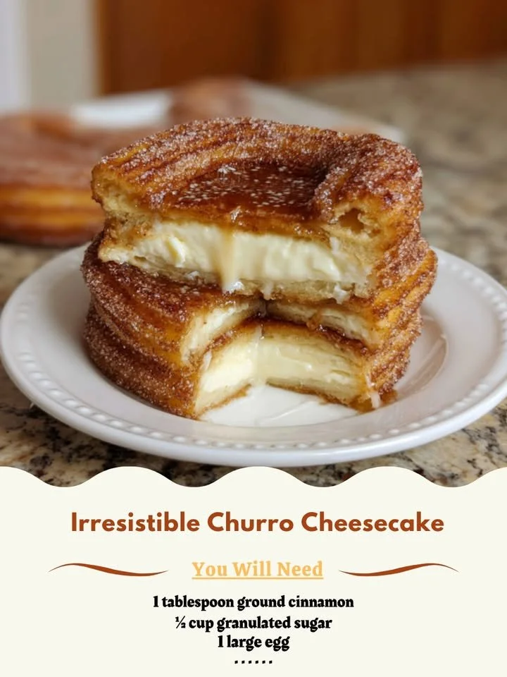 Irresistible churro cheesecake topped with cinnamon and sugar, ready to enjoy.