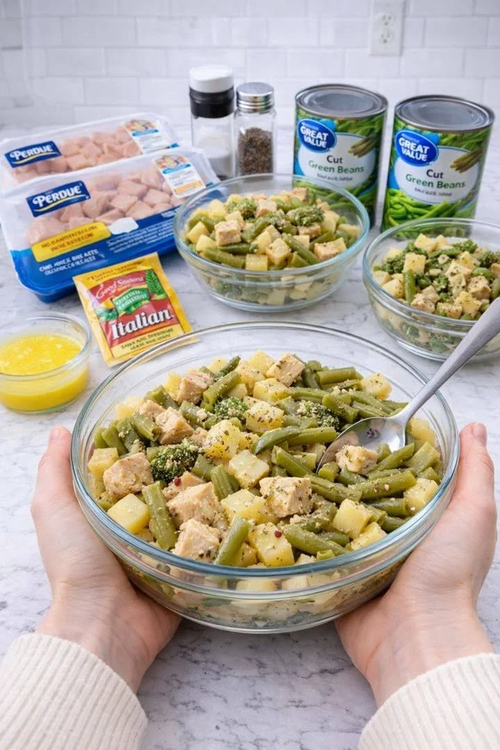 Italian Chicken and Green Beans Bake dish served on a plate