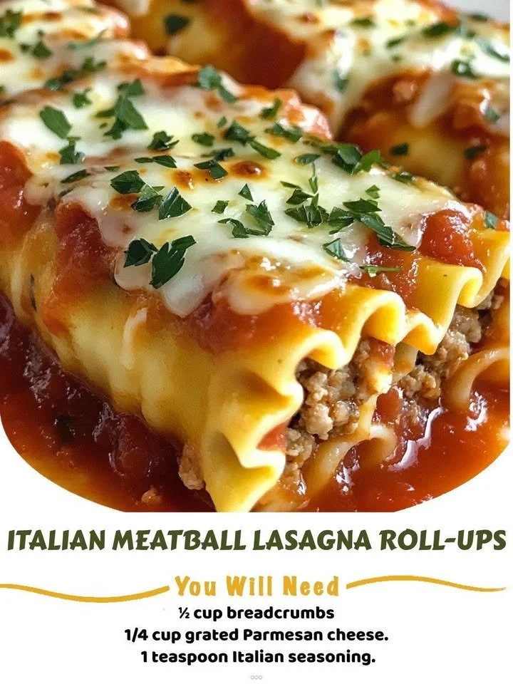 Italian Meatball Lasagna Roll-Ups with cheesy sauce and meatballs