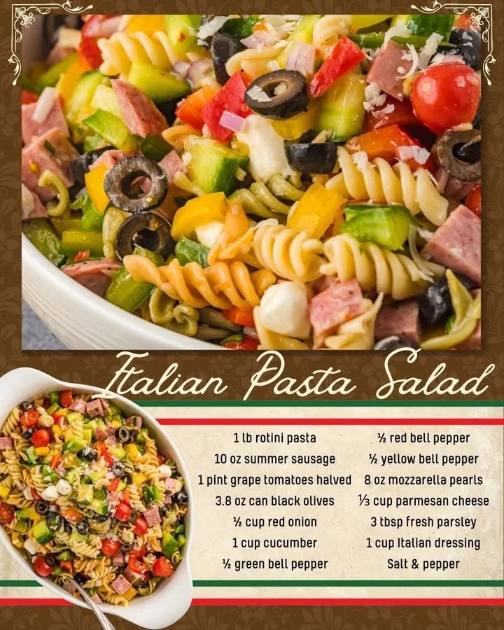 Bowl of Italian Pasta Salad with colorful vegetables and dressing
