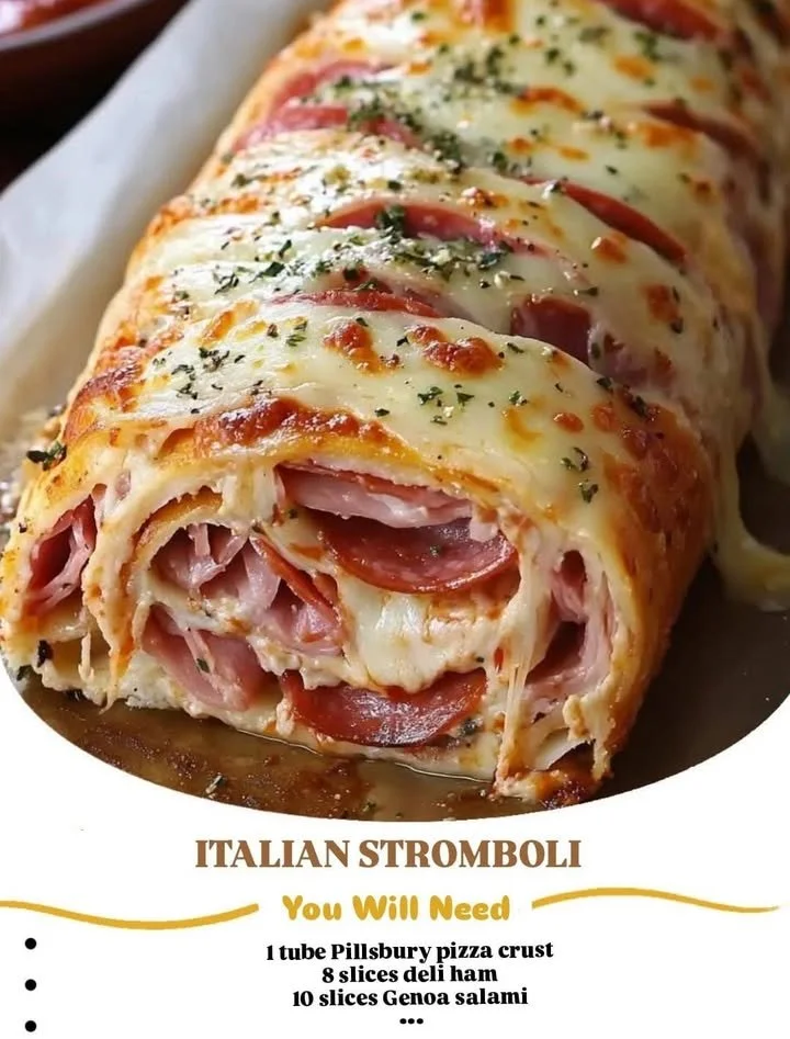 A delicious Italian Stromboli filled with meats and cheeses, ready to be served.