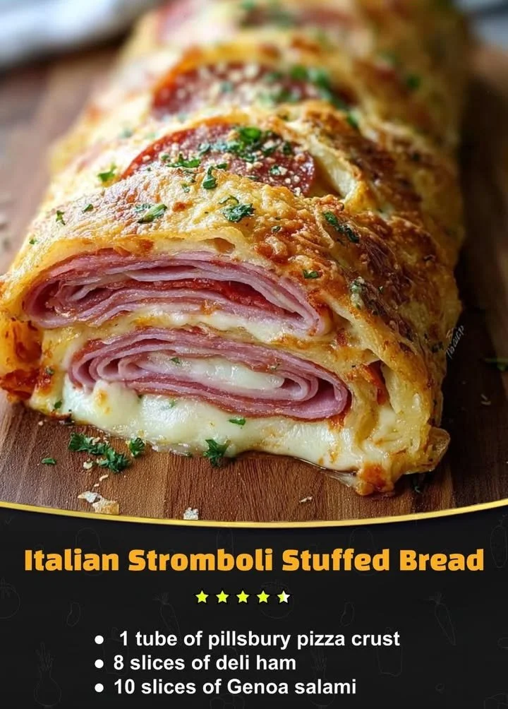 Homemade Italian Stromboli stuffed bread with delicious fillings.