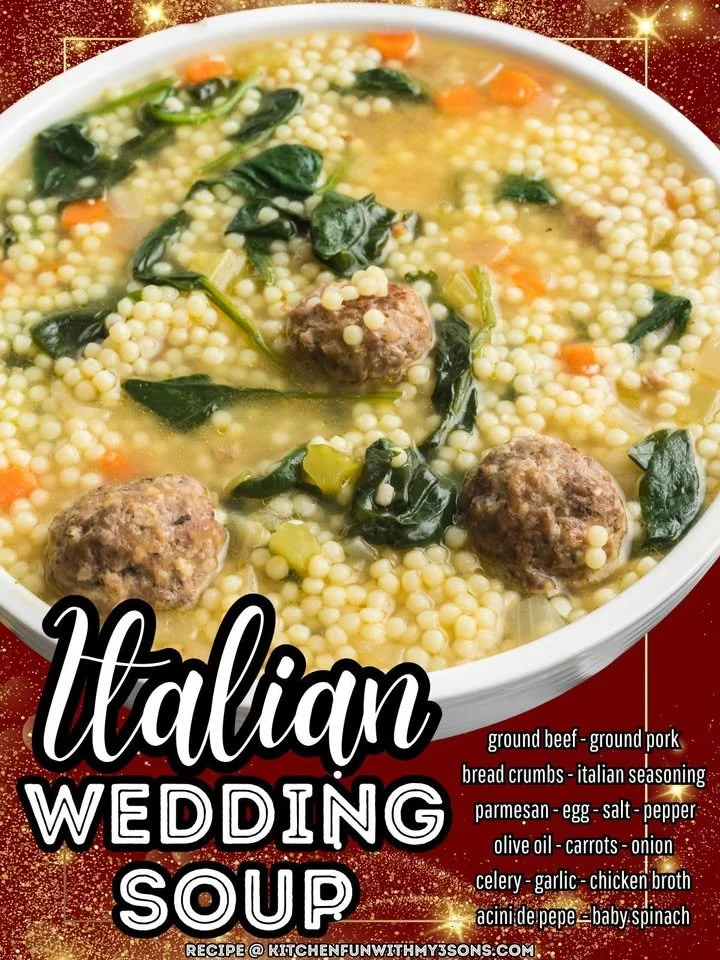 Delicious Italian Wedding Soup with meatballs and greens in a savory broth