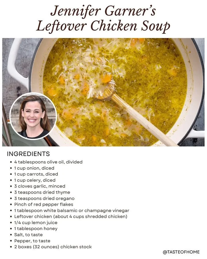 Jennifer Garner's recipe for flavorful chicken soup in a cozy kitchen setting.