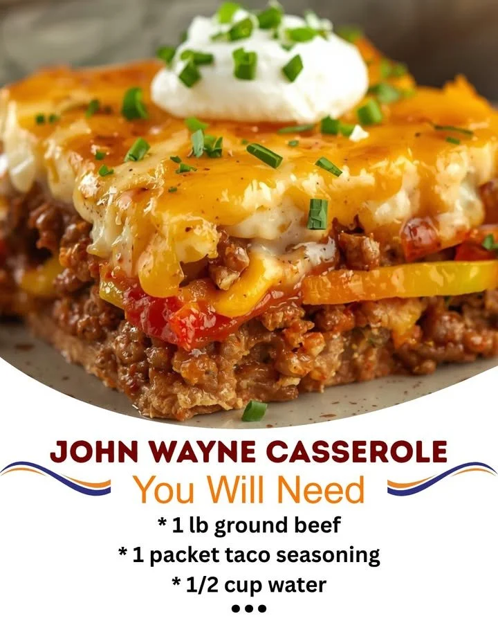 Delicious homemade John Wayne Casserole served in a baking dish.