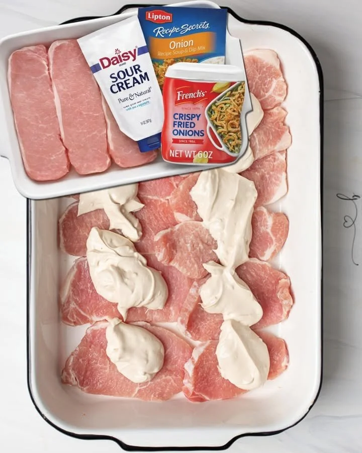 Juicy pork chops topped with flavorful French onion sauce on a plate