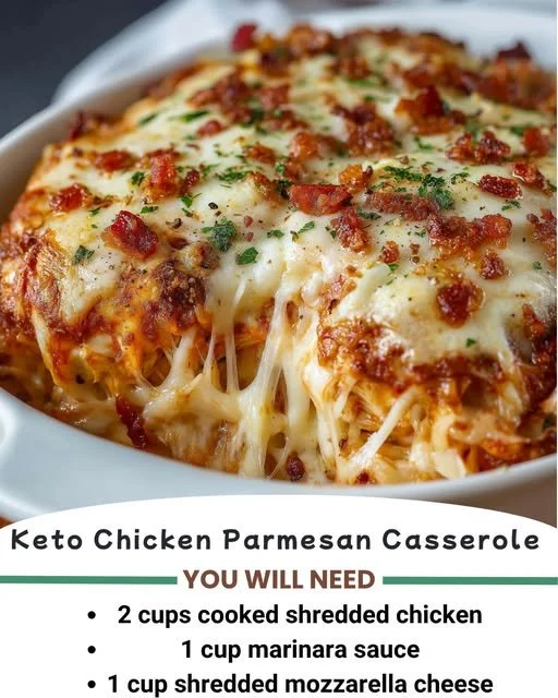 Keto Chicken Parmesan Casserole with melted cheese and herbs