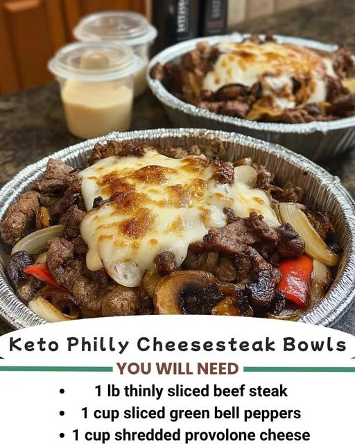 Delicious Keto Philly Cheesesteak Bowl topped with melted cheese and peppers.