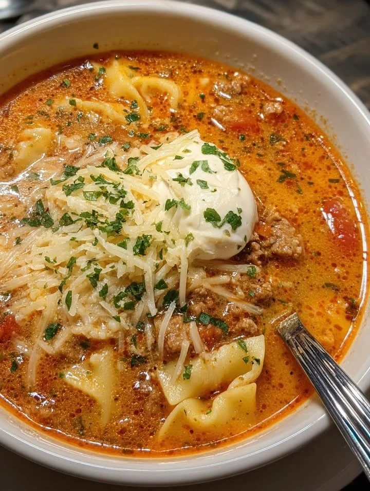 Hearty bowl of lasagna soup with cheese and herbs