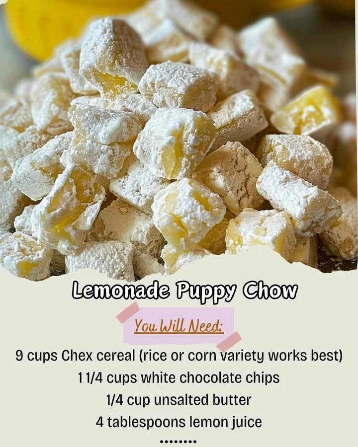 Bowl of Lemonade Puppy Chow with lemon slices and colorful candies