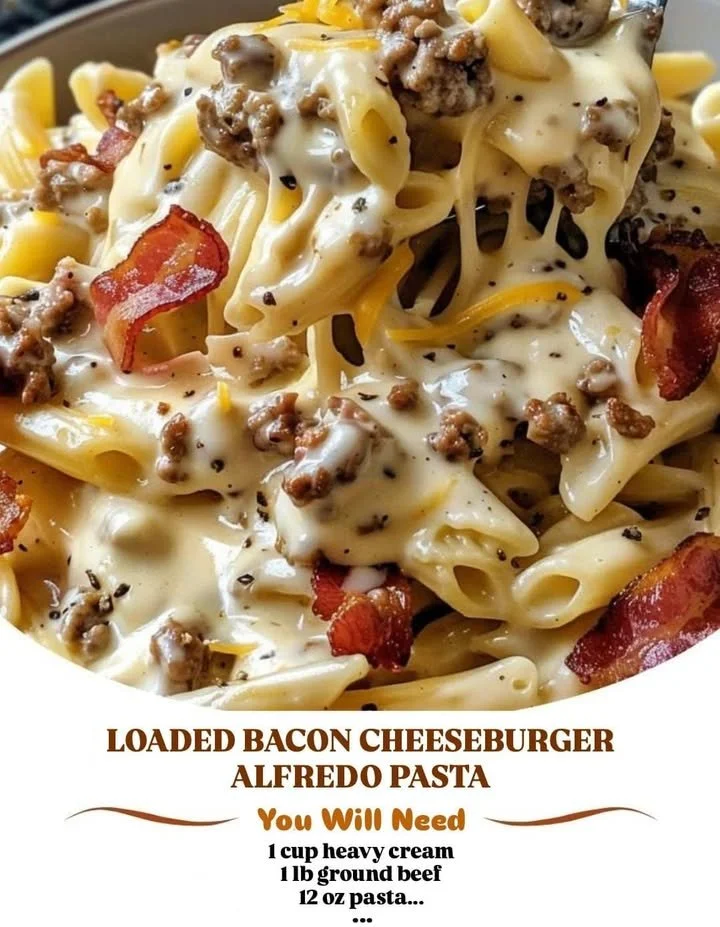 Loaded Bacon Cheeseburger Alfredo Pasta served in a bowl with garnishes.