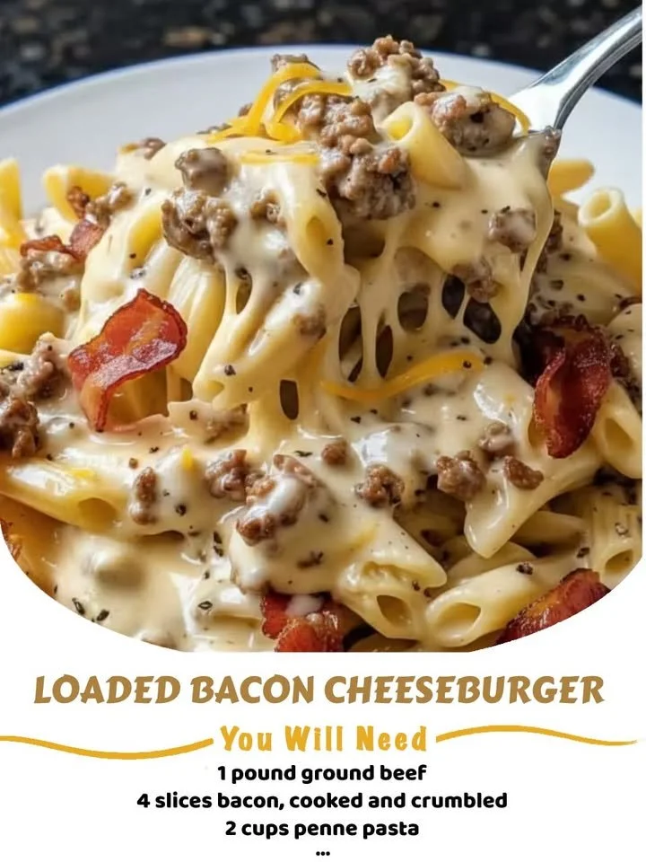 Loaded Bacon Cheeseburger Alfredo Pasta with crispy bacon and cheese sauce