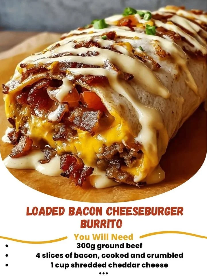 Loaded Bacon Cheeseburger Burrito filled with bacon, cheese, and beef