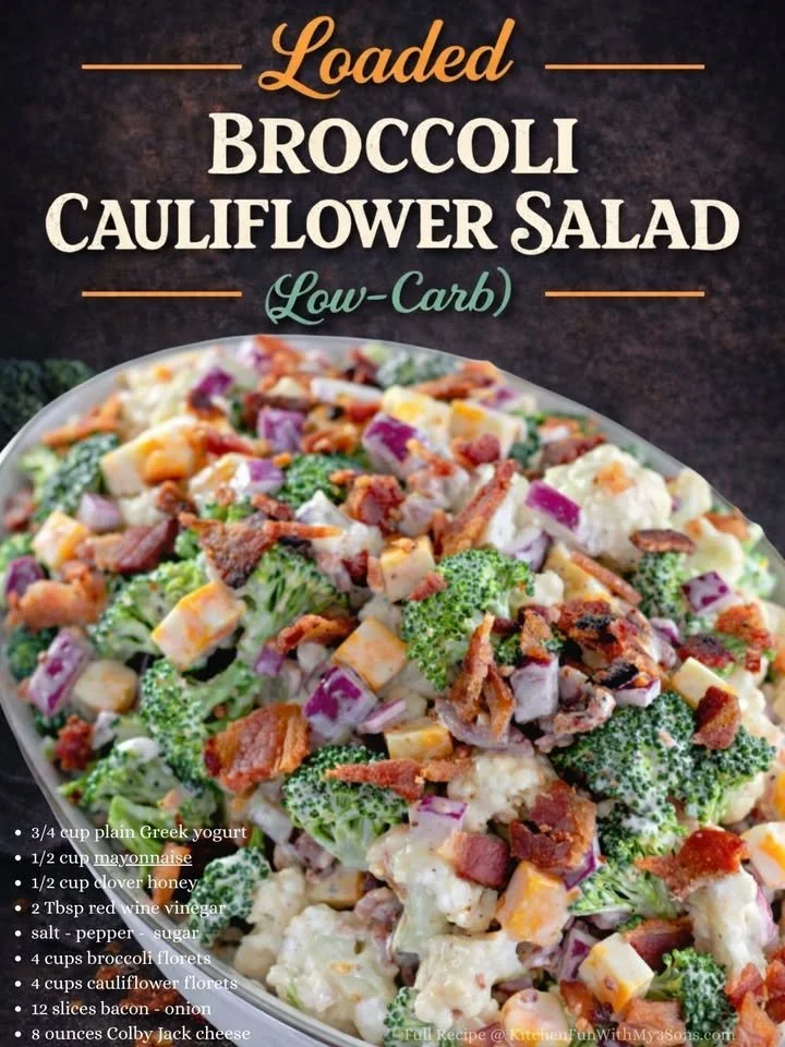 A bowl of loaded broccoli cauliflower salad with vibrant vegetables and dressing