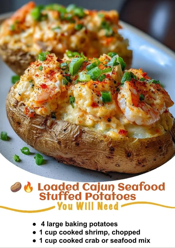 Delicious Cajun Seafood Stuffed Potatoes topped with shrimp and spices