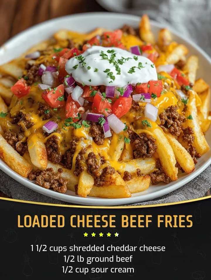 Delicious loaded cheese beef fries topped with melted cheese and savory beef.