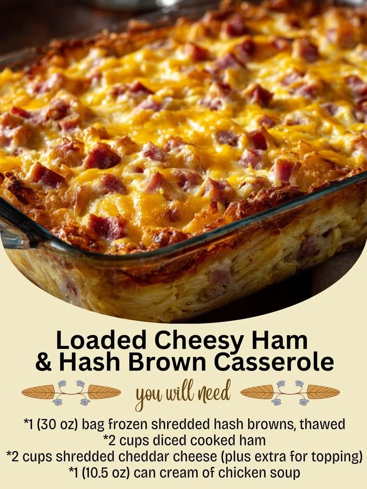 Loaded Cheesy Ham & Hash Brown Casserole topped with melted cheese and herbs