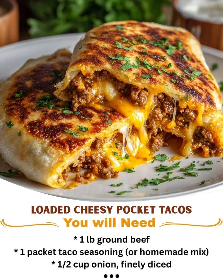 Delicious loaded cheesy pocket tacos filled with melted cheese and toppings.