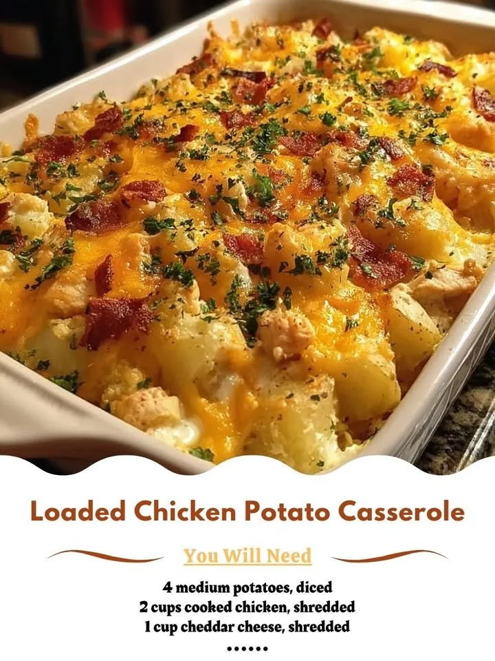 Loaded Chicken Potato Casserole with melted cheese and crispy toppings