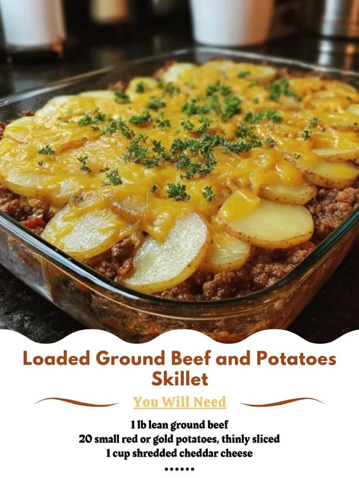 Delicious loaded ground beef and potatoes skillet dish served in a skillet