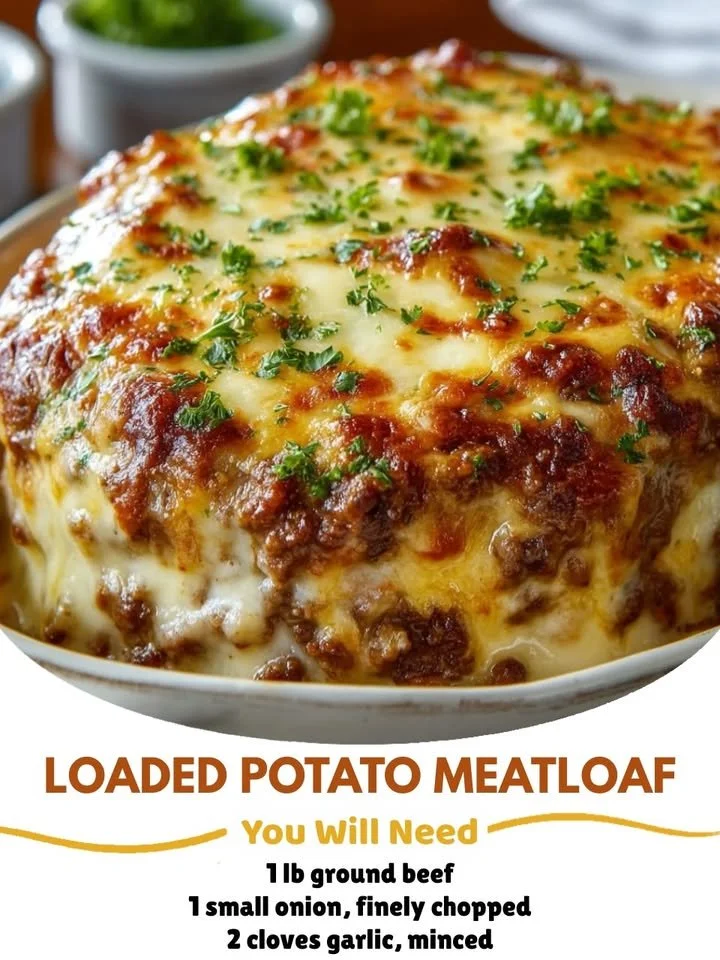 Delicious Loaded Potato Meatloaf with cheese and herbs on a plate