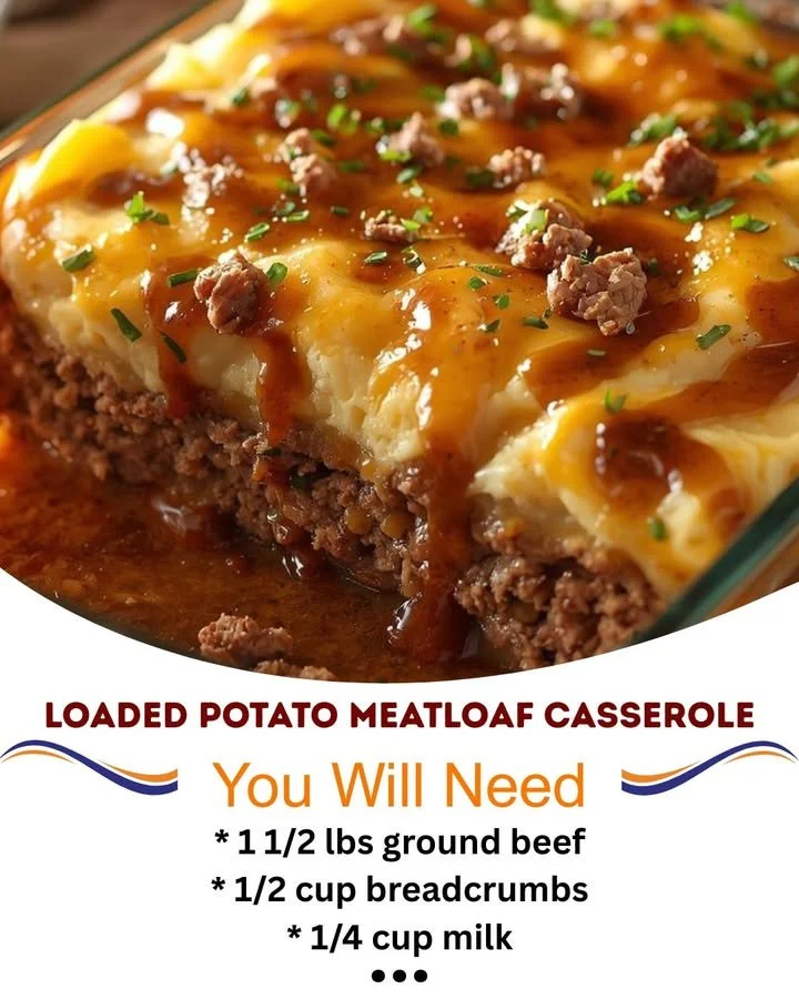 Loaded Potato Meatloaf Casserole topped with cheese and green onions