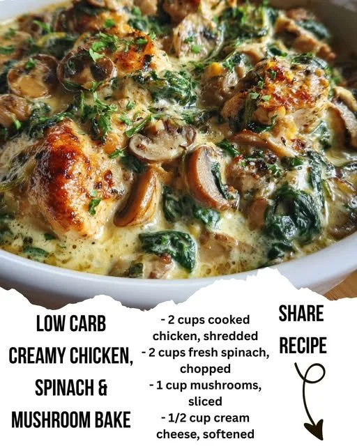 Low carb creamy chicken bake with spinach and mushrooms ready to serve.