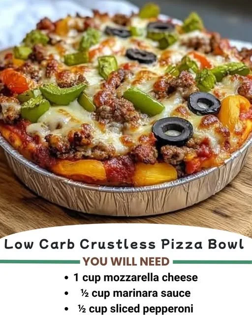Low carb crustless pizza bowl topped with fresh ingredients and cheese